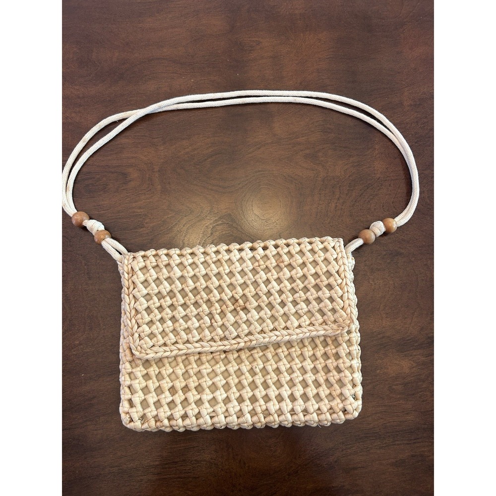 Vintage Cream Wood Crochet Purse Handbag Wooden Beads Macrame Lined Pocket